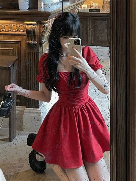 2022 Autumn Elegant Vintage Dress Korean Fashion Red Even Party Dress Women Casual Short Sleeve