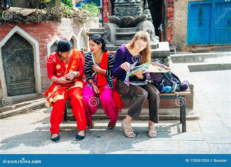 Girls Are Sitting Swayambhunath In Kathmandu Nepal December 2019