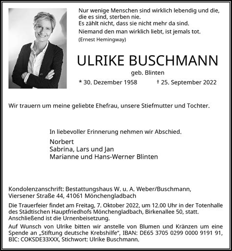 Traueranzeigen Von Ulrike Buschmann Trauer Und Gedenken