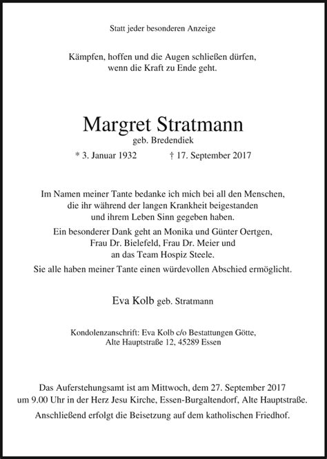 Traueranzeigen Von Margret Stratmann Trauer In Nrw De