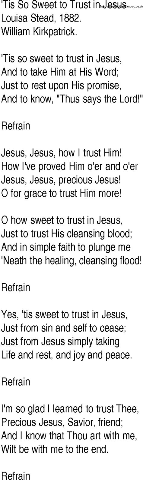 Hymn And Gospel Song Lyrics For Tis So Sweet To Trust In Jesus By Louisa Stead