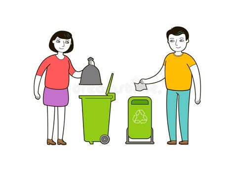 People Throw Trash In A Garbage Container Trash Recycling Cartoon