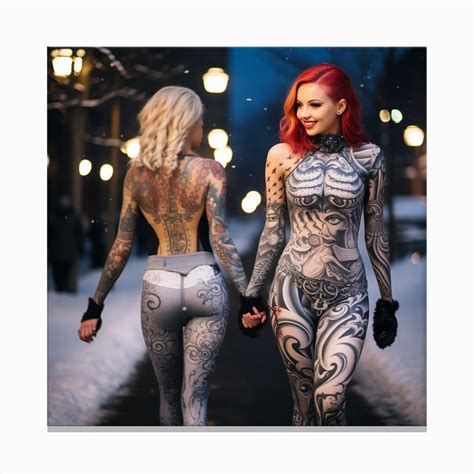 Two Attractive Women With Tatoos Wearing Body Painting Go For A Walk In The Christmas Eve Canvas