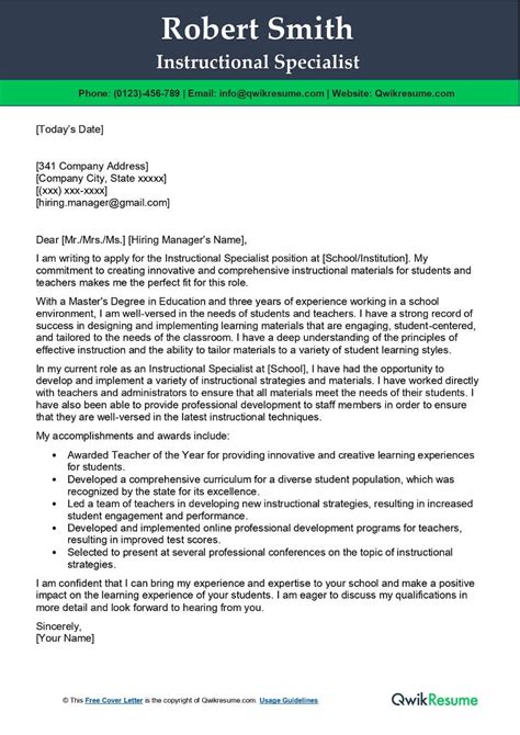 Instructional Specialist Cover Letter Examples Qwikresume