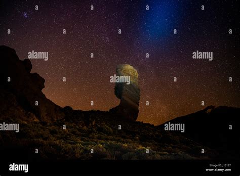 Roque Cinchado And Teide Vulcano With Starry Sky Night Shot Los