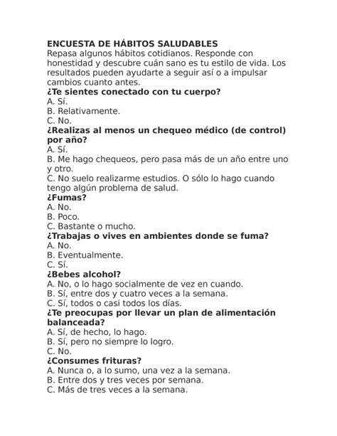Encuesta Habitos vida sana ENCUESTA DE HÁBITOS SALUDABLES Repasa