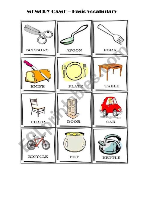 English Worksheets Memory Game Basic Vocabulary
