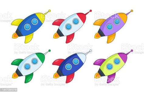 Colorful Rocket Ships Vector Illustrations Set Stock Illustration