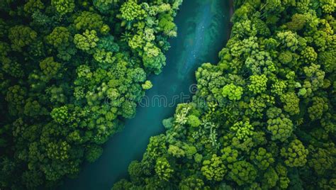 A River Flows Through A Dense Green Forest With Terrestrial Plants And