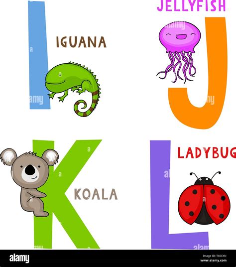 Alfabeto de animales en inglés I J K y L cartas con la caricatura de