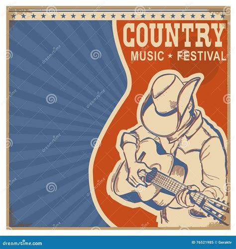 Country Music Background Retro Poster With Man In Cowboy Hat An Stock Vector Illustration Of