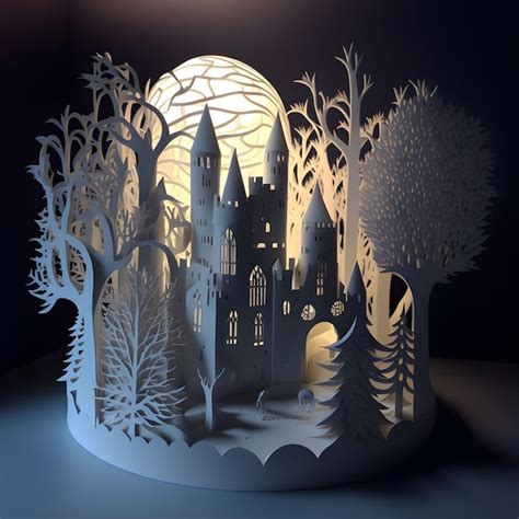 Invierno Nieve Noche Papercut Castillo Bosque Ia Generativa Estilo De