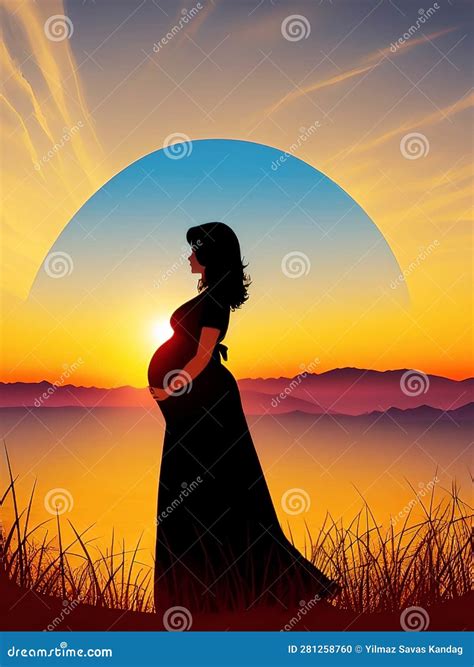 Sunset and Silhouette of Pregnant Woman Stock Illustration - Illustration of branch, person ...