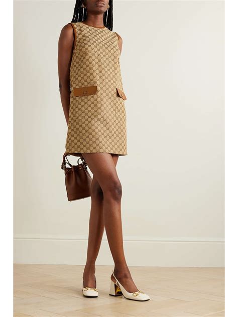 GUCCI Leather-trimmed cotton-blend canvas-jacquard mini dress | NET-A ...