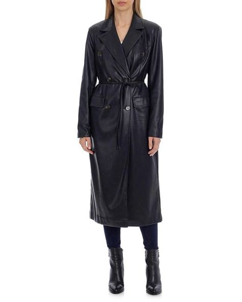 Avec Les Filles Double Breasted Belted Faux Leather Trench Coat In