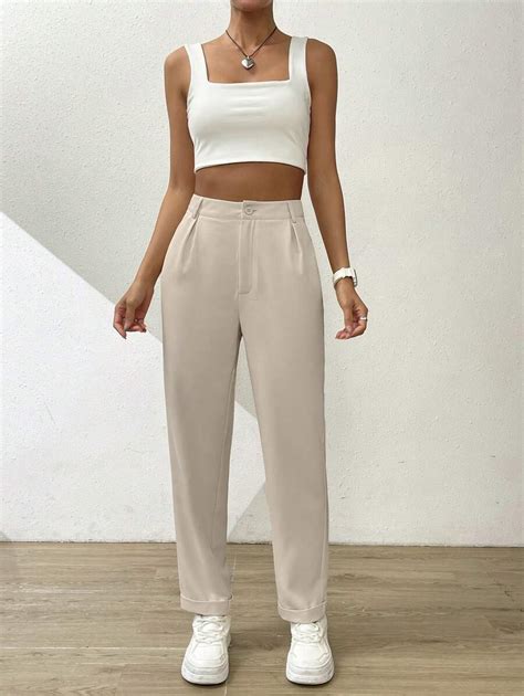 Shein Essnce Pantalones Unicolor Con Fruncido Con Bolsillo Oblicuo