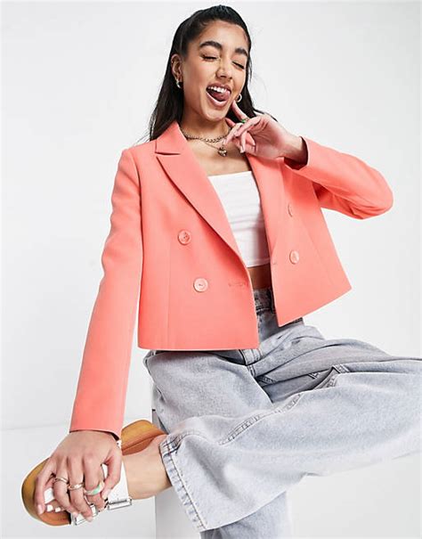 Miss Selfridge Cropped Double Breasted Blazer In Coral Asos