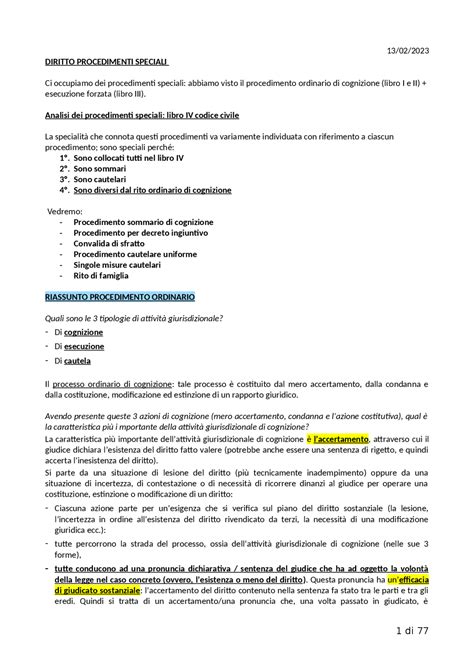 Procedimenti Speciali Appunti Di Diritto Processuale Civile Docsity