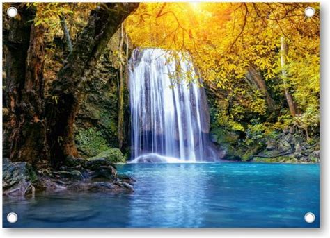 Oase Aan Waterval Erawan Waterval In De Herfst Thailand Tuinposter