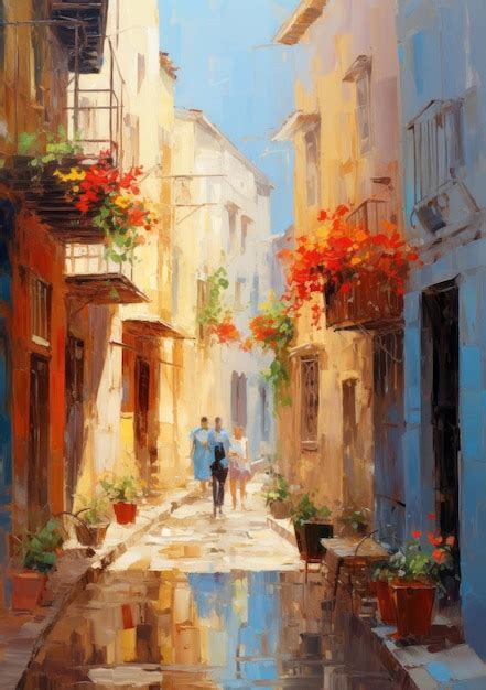 Premium Ai Image An Oil Painting Of An Alleyway With Colorful