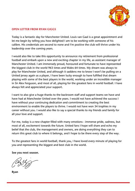 PICTURE: Ryan Giggs' open letter to Manchester United fans - Old ...