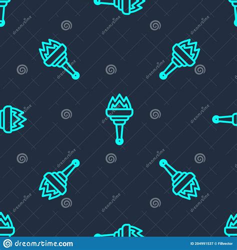 Green Line Torch Flame Icon Isolated Seamless Pattern On Blue