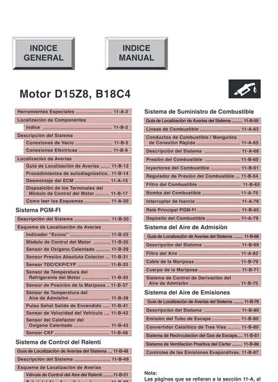 Motor D15Z8 B18C4 INDICE GENERAL INDICE MANUAL Sistema De Suministro