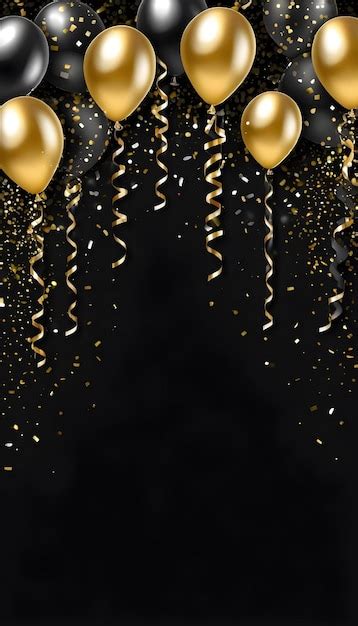 Premium Photo Black Background With Gold Ballon And Confetti