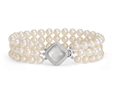 Triple Strand Baroque Freshwater Cultured Pearl And Mother Of Pearl Bracelet In Sterling Silver