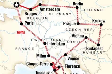 Map European Trail London Paris Interlaken Rome Milan Florence