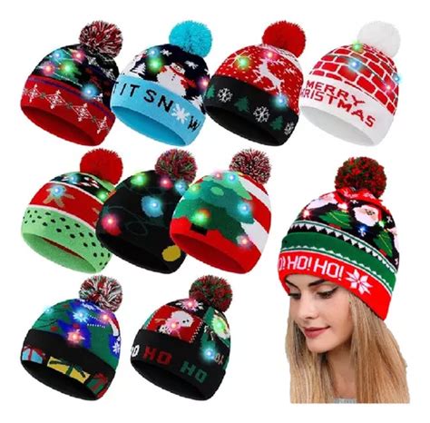 12 Gorros Navideños De Punto Con Luz Led Navidad Mayoreo Envío gratis