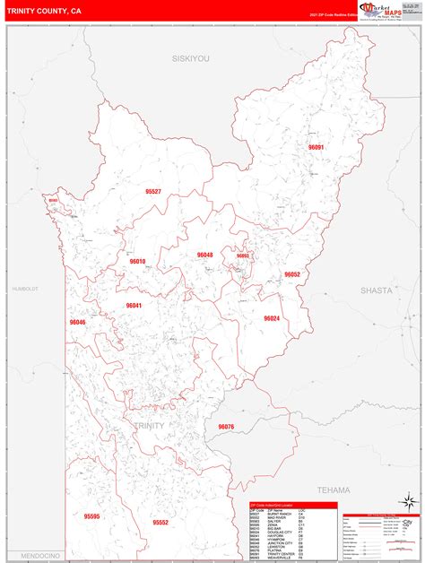 Trinity County Ca Zip Code Wall Map Red Line Style By Marketmaps