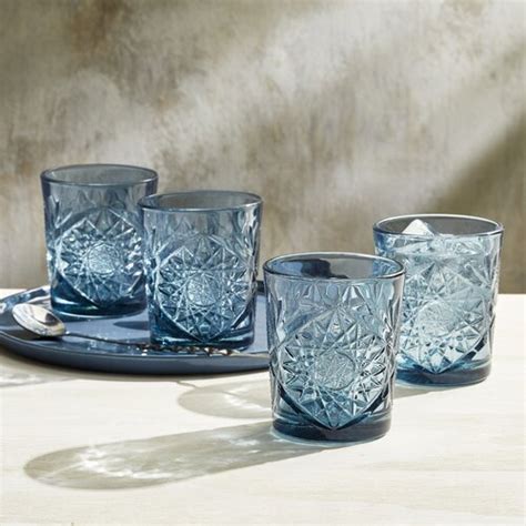 Libbey Hobstar Blue Double Old Fashioned Glasses 12 Ounce Set Of 4