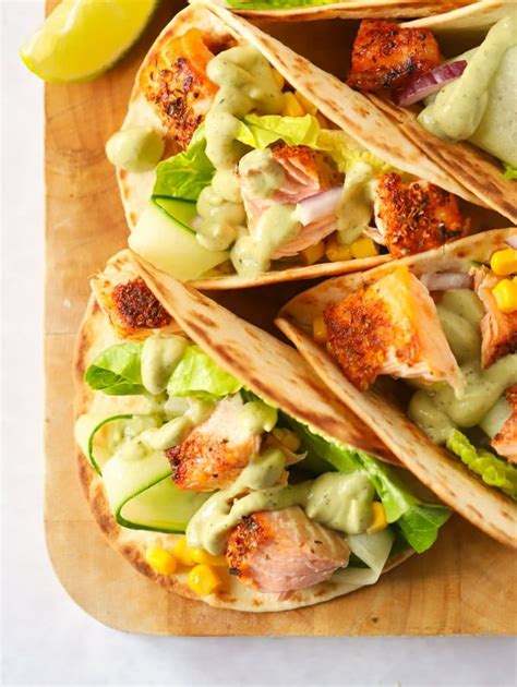 Salmon Tacos With Cajun Spice Easy Avocado Dressing Easy Fish