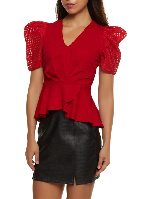 Organza Puff Sleeve Peplum Top