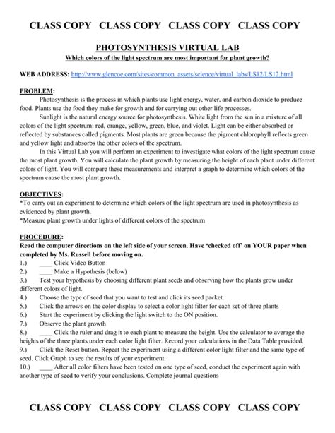 Photosynthesis Virtual Lab Worksheet Answer Key Suggested And Clear