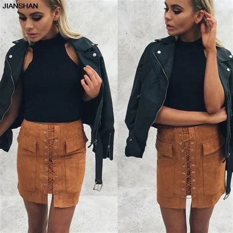 JIANSHAN Apparel Autumn Lace Up Suede Leather Women Skirt 90 S Vintage