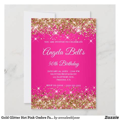 Gold Glitter Hot Pink Ombre Fancy Monogram Invitation Zazzle 50th Birthday Invitations