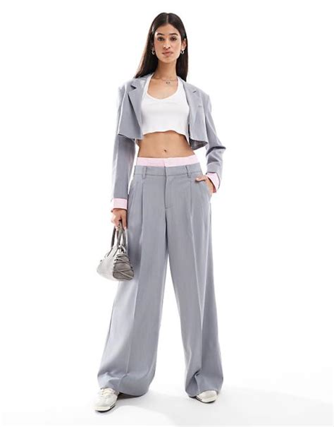 Bershka Striped Waistband Wide Leg Tailored Pants In Grey Part Of A
