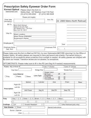 Prescription Safety Eyewear Order Form Nee1983 Nee1983 Fill And