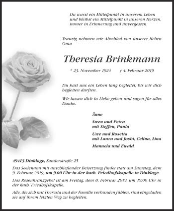 Traueranzeigen Von Theresia Brinkmann Om Trauer De