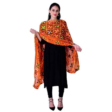 Phulkari Orange Dupattas For Womens Hand Embroidered In Amritsar