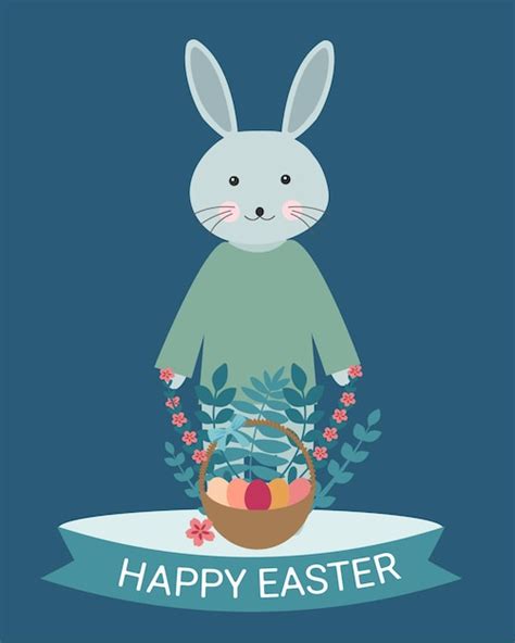 Premium Vector Happy Easter Vector Illustration Easter Poster With Bunny Basket Colorful Eggs