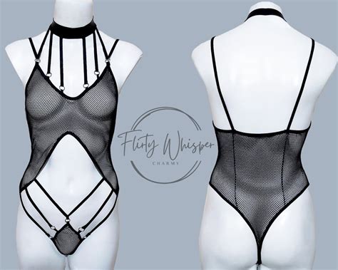 Fishnet Fantasy Erotic Lingerie Set With Bodysuit Lingerie Leather Fishnet Seduction Harness