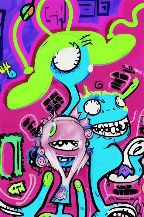 Cute Monsters Graffiti Doodle Art Kawaii Style Neon Light Night