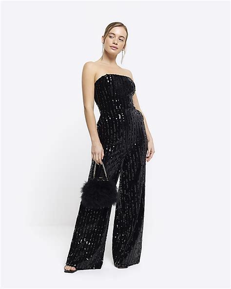 Petite Black Velvet Sequin Bandeau Jumpsuit River Island