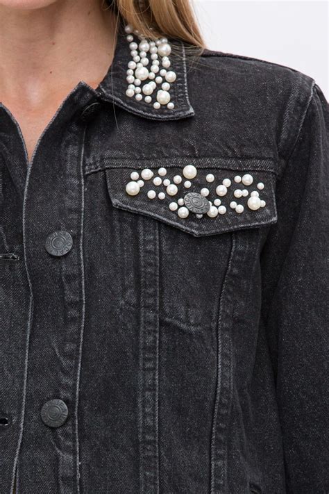 Pearl Embellished Jacket In Black In Embellished Denim Diy