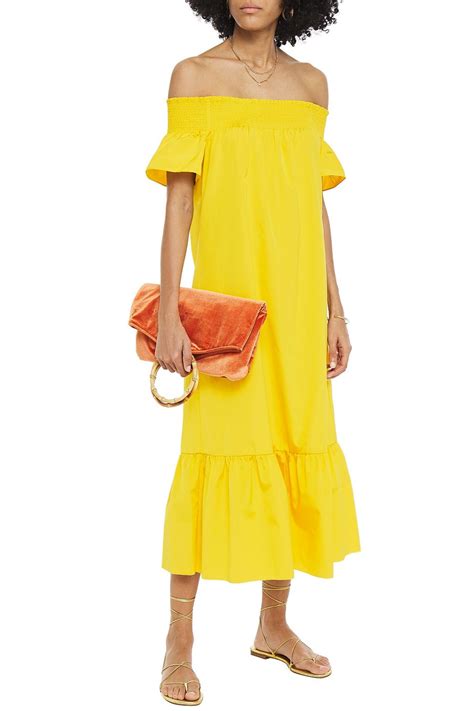 TORY BURCH Off The Shoulder Gathered Silk And Cotton Blend Faille Midi