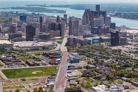 Detroit Skyline Aerial Down Michigan Avenue