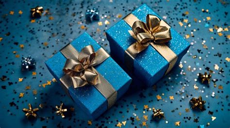 Premium Ai Image Three Christmas Blue Gift Boxes With Gold Bows And